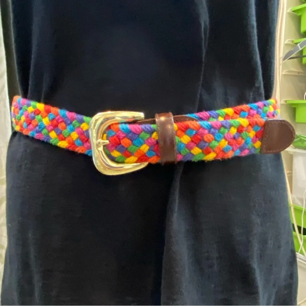 Vintage Rainbow Vibrant Woven Belt with Gold Buckle size Large